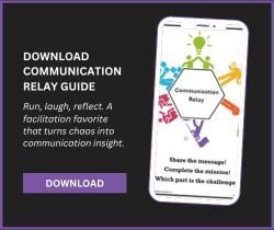 Thumbnail promoting the downloadable Communication Relay Guide. A phone screen displays colorful icons and the words: ‘Communication Relay – Share the message! Complete the mission! Which part is the challenge?’ Text beside it reads: ‘Download Communication Relay Guide. Run, laugh, reflect. A facilitation favorite that turns chaos into communication insight.’ A purple button below says ‘Download.